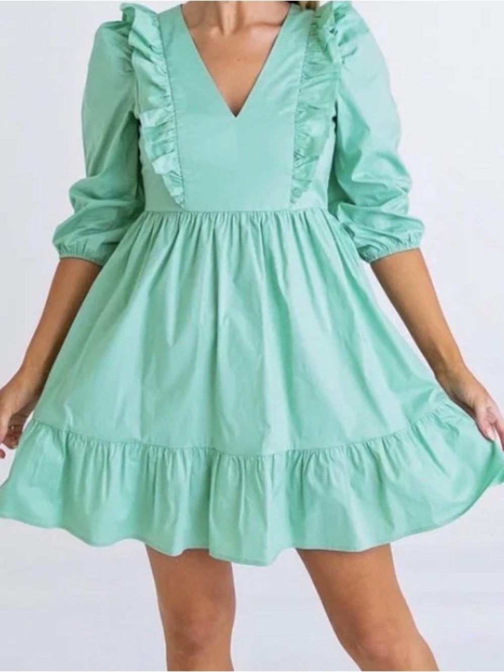 Karlie Mint Green Ruffle V-Neck Casual Dress